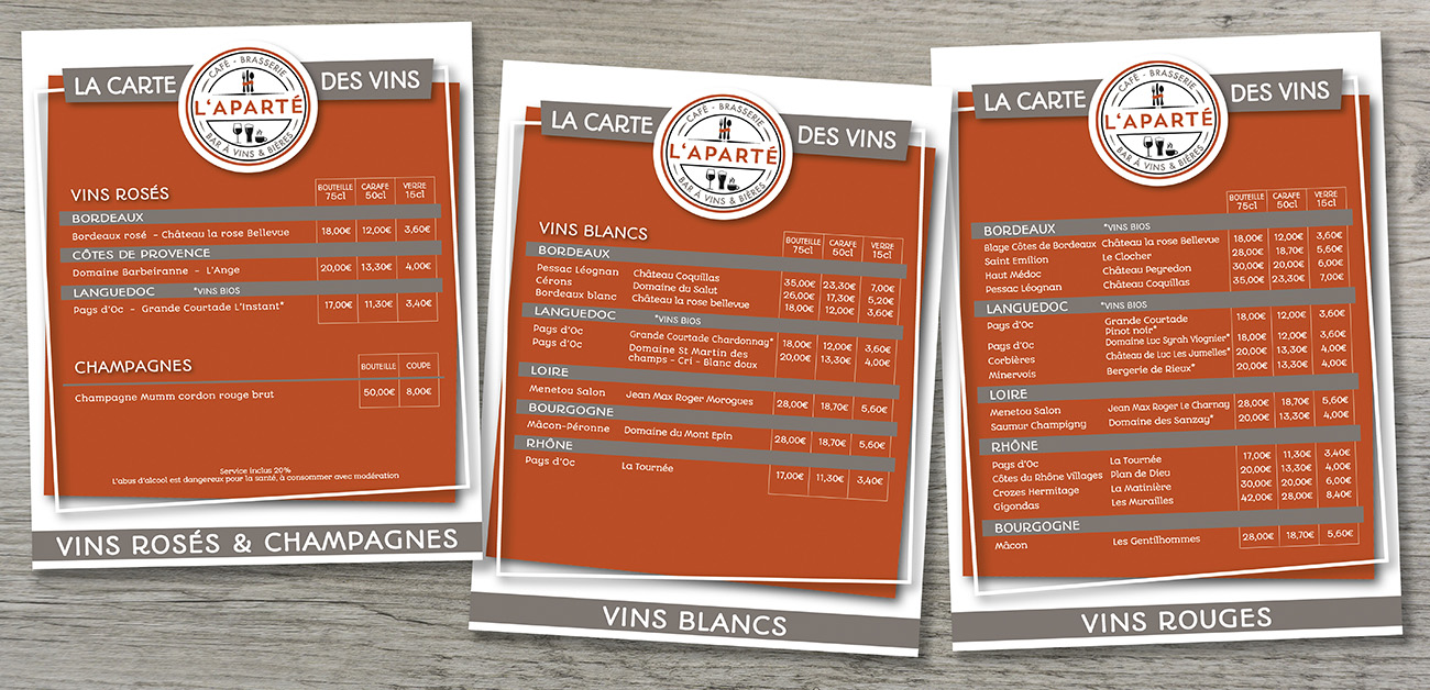 L'Aparté - Création graphique Carte des vins restaurant